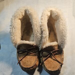 UGG Shearling Lined Moccasin Slippers - Brown and Cream